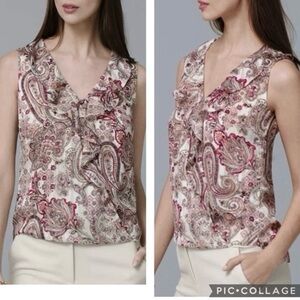 WHBM Top Paisley Floral Metallic Pink Grey White Ruffle Tank Sleeveless Blouse 2